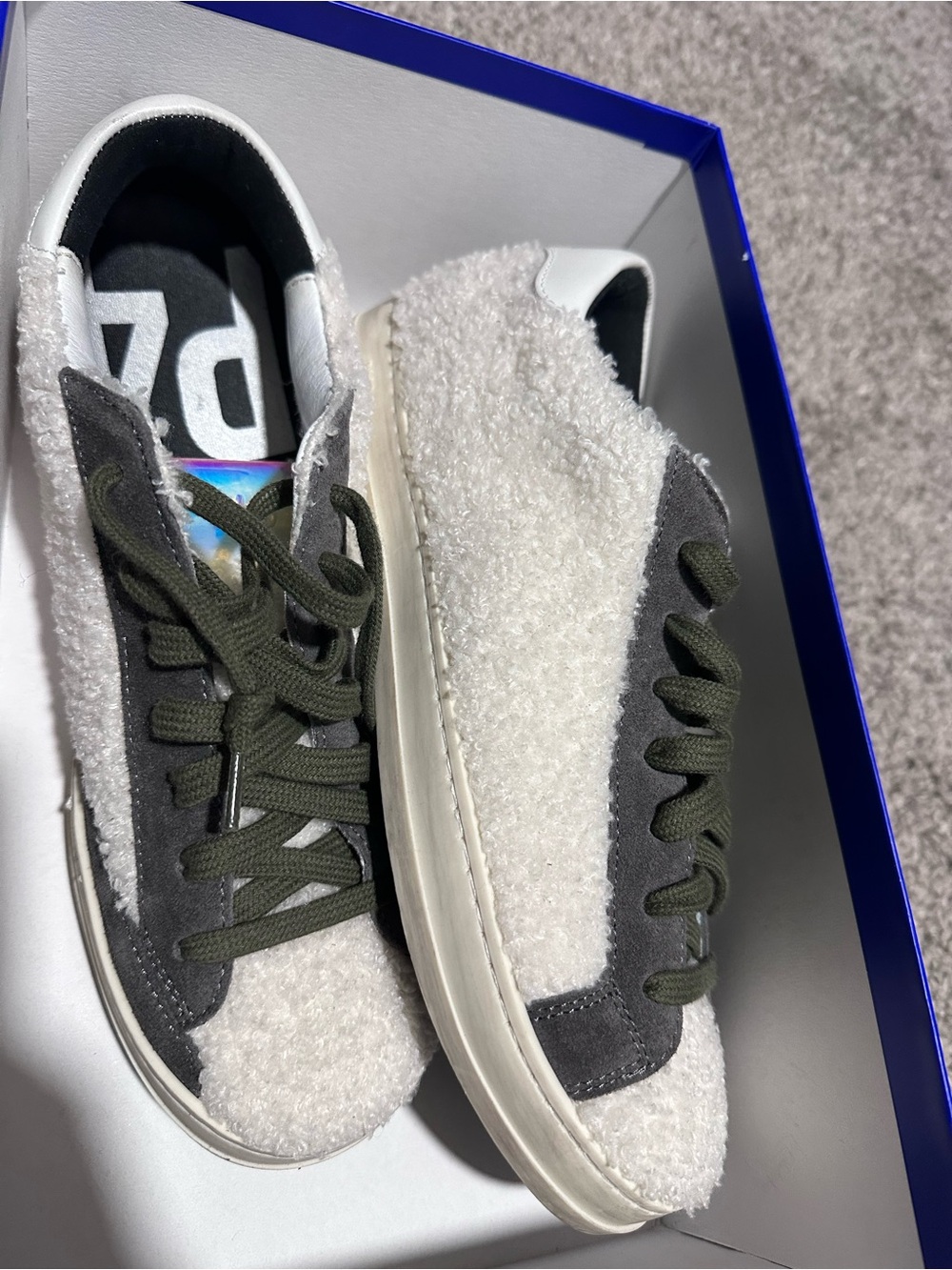 P448 White Sherpa Low-Top Sneakers with Olive Laces